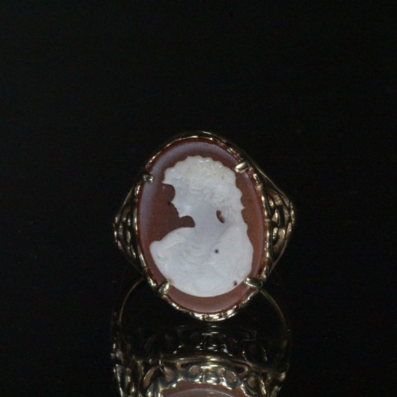 VINTAGE 10k GOLD CARVED CONCH SHELL CAMEO FILIGREE RING - Picture 4 of 8